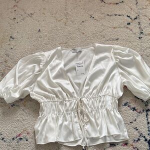 Wayf Cream Satin Blouse with Puff Sleeves